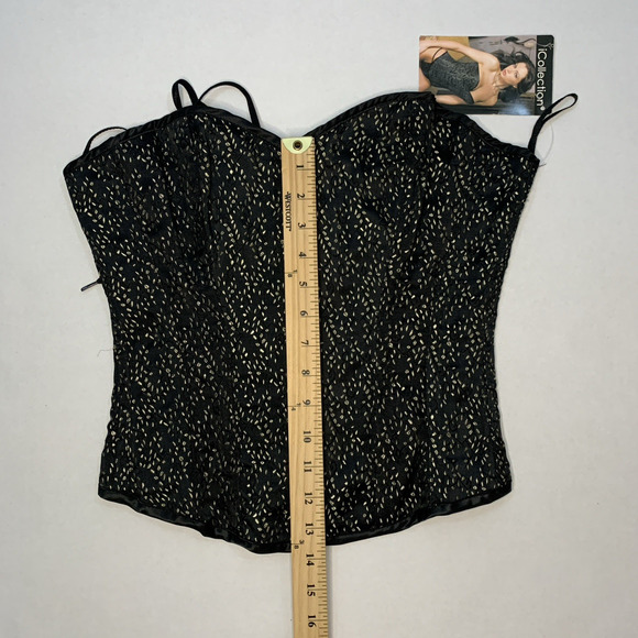 iCollection Boudior Lace Corset Thong Set Sz 36 Black Gold Brocade Pin Up Glam - Picture 11 of 16